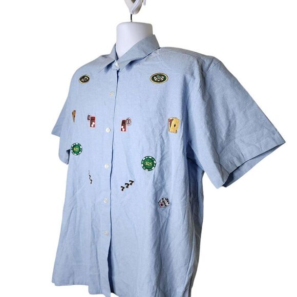 Vintage 80s Embroidered Poker Casino Short Sleeve Shirt Womens XL Blue NEW - Picture 3 of 6